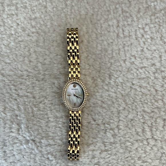 BEAUTIFUL TORY BURCH MOTHER OF PEARL PAVE EMBELLISHED GOLD TONE WATCH - Picture 8 of 16